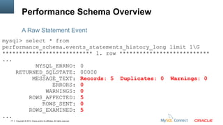 Copyright © 2013, Oracle and/or its affiliates. All rights reserved.17
Performance Schema Overview
mysql> select * from
performance_schema.events_statements_history_long limit 1G
*************************** 1. row ***************************
...
MYSQL_ERRNO: 0
RETURNED_SQLSTATE: 00000
MESSAGE_TEXT: Records: 5 Duplicates: 0 Warnings: 0
ERRORS: 0
WARNINGS: 0
ROWS_AFFECTED: 5
ROWS_SENT: 0
ROWS_EXAMINED: 5
...
A Raw Statement Event
 
