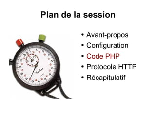Plan de la session
● Avant-propos
● Configuration
● Code PHP
● Protocole HTTP
● Récapitulatif
 