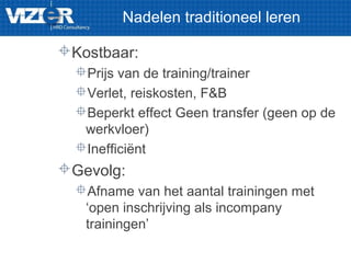 Nadelen traditioneel leren
Kostbaar:
Prijs van de training/trainer
Verlet, reiskosten, F&B
Beperkt effect Geen transfer (geen op de
werkvloer)
Inefficiënt
Gevolg:
Afname van het aantal trainingen met
‘open inschrijving als incompany
trainingen’
 