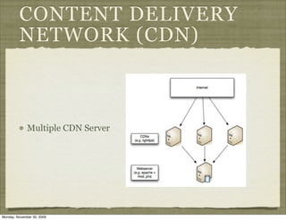 CONTENT DELIVERY
         NETWORK (CDN)



              Multiple CDN Server




Monday, November 30, 2009
 