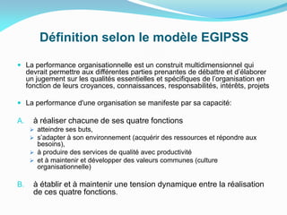Définition selon le modèle EGIPSS
 La performance organisationnelle est un construit multidimensionnel qui
devrait permettre aux différentes parties prenantes de débattre et d’élaborer
un jugement sur les qualités essentielles et spécifiques de l’organisation en
fonction de leurs croyances, connaissances, responsabilités, intérêts, projets
 La performance d'une organisation se manifeste par sa capacité:
A. à réaliser chacune de ses quatre fonctions
 atteindre ses buts,
 s’adapter à son environnement (acquérir des ressources et répondre aux
besoins),
 à produire des services de qualité avec productivité
 et à maintenir et développer des valeurs communes (culture
organisationnelle)
B. à établir et à maintenir une tension dynamique entre la réalisation
de ces quatre fonctions.
 