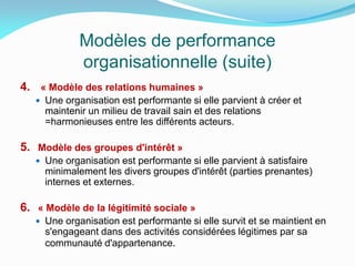 Modèles de performance
organisationnelle (suite)
4. « Modèle des relations humaines »
 Une organisation est performante si elle parvient à créer et
maintenir un milieu de travail sain et des relations
=harmonieuses entre les différents acteurs.
5. Modèle des groupes d'intérêt »
 Une organisation est performante si elle parvient à satisfaire
minimalement les divers groupes d'intérêt (parties prenantes)
internes et externes.
6. « Modèle de la légitimité sociale »
 Une organisation est performante si elle survit et se maintient en
s'engageant dans des activités considérées légitimes par sa
communauté d'appartenance.
 