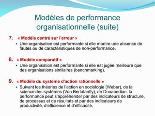 Modèles de performance
organisationnelle (suite)
7. « Modèle centré sur l'erreur »
 Une organisation est performante si elle montre une absence de
fautes ou de caractéristiques de non-performance.
8. « Modèle comparatif »
 Une organisation est performante si elle est jugée meilleure que
des organisations similaires (benchmarking).
9. « Modèle du système d'action rationnelle »
 Suivant les théories de l’action en sociologie (Weber), de la
science des systèmes (Von Bertalanffy), de Donabedian, la
performance peut s’appréhender par des indicateurs de structure,
de processus et de résultats et par des indicateurs de
productivité, d’efficience et d’efficacité.
 