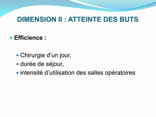 DIMENSION II : ATTEINTE DES BUTS
 Efficience :
 Chirurgie d’un jour,
 durée de séjour,
 intensité d’utilisation des salles opératoires
 