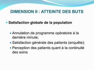 DIMENSION II : ATTEINTE DES BUTS
 Satisfaction globale de la population
 Annulation de programme opératoire à la
dernière minute;
 Satisfaction générale des patients (enquête);
 Perception des patients quant à la continuité
des soins
 