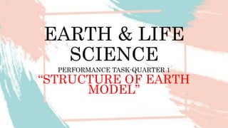 EARTH & LIFE
SCIENCE
PERFORMANCE TASK-QUARTER 1
“STRUCTURE OF EARTH
MODEL”
 
