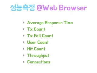 성능측정 @Web Browser
Average Response Time
Tx Count
Tx Fail Count
User Count
Hit Count
Throughput
Connections
 