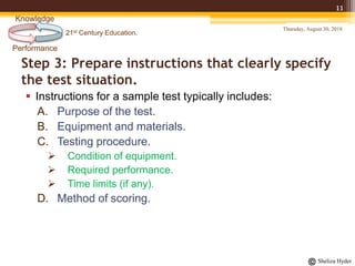 21st Century Education.
Performance
Knowledge
Sheliza Hyder
Step 3: Prepare instructions that clearly specify
the test situation.
 Instructions for a sample test typically includes:
A. Purpose of the test.
B. Equipment and materials.
C. Testing procedure.
 Condition of equipment.
 Required performance.
 Time limits (if any).
D. Method of scoring.
Thursday, August 30, 2018
11
 