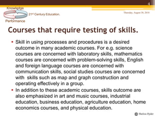 21st Century Education.
Performance
Knowledge
Sheliza Hyder
Courses that require testing of skills.
 Skill in using processes and procedures is a desired
outcome in many academic courses. For e.g. science
courses are concerned with laboratory skills, mathematics
courses are concerned with problem-solving skills, English
and foreign language courses are concerned with
communication skills, social studies courses are concerned
with skills such as map and graph construction and
operating effectively in a group.
 In addition to these academic courses, skills outcome are
also emphasized in art and music courses, industrial
education, business education, agriculture education, home
economics courses, and physical education.
Thursday, August 30, 2018
4
 