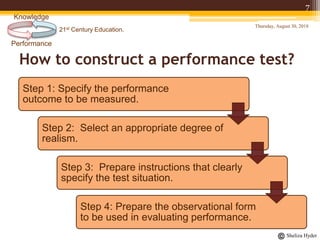 21st Century Education.
Performance
Knowledge
Sheliza Hyder
How to construct a performance test?
Thursday, August 30, 2018
7
Step 1: Specify the performance
outcome to be measured.
Step 2: Select an appropriate degree of
realism.
Step 3: Prepare instructions that clearly
specify the test situation.
Step 4: Prepare the observational form
to be used in evaluating performance.
 