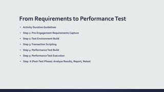 From Requirements to PerformanceTest
▪ Activity Duration Guidelines
▪ Step 1: Pre-Engagement Requirements Capture
▪ Step 2:Test Environment Build
▪ Step 3:Transaction Scripting
▪ Step 4: PerformanceTest Build
▪ Step 5: PerformanceTest Execution
▪ Step 6 (Post-Test Phase): Analyze Results, Report, Retest
 