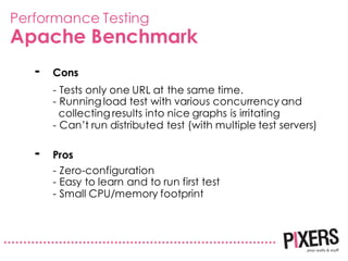 Performance Testing
Apache Benchmark
Cons-
- Tests only one URL at the same time.
- Running load test with various concurr...