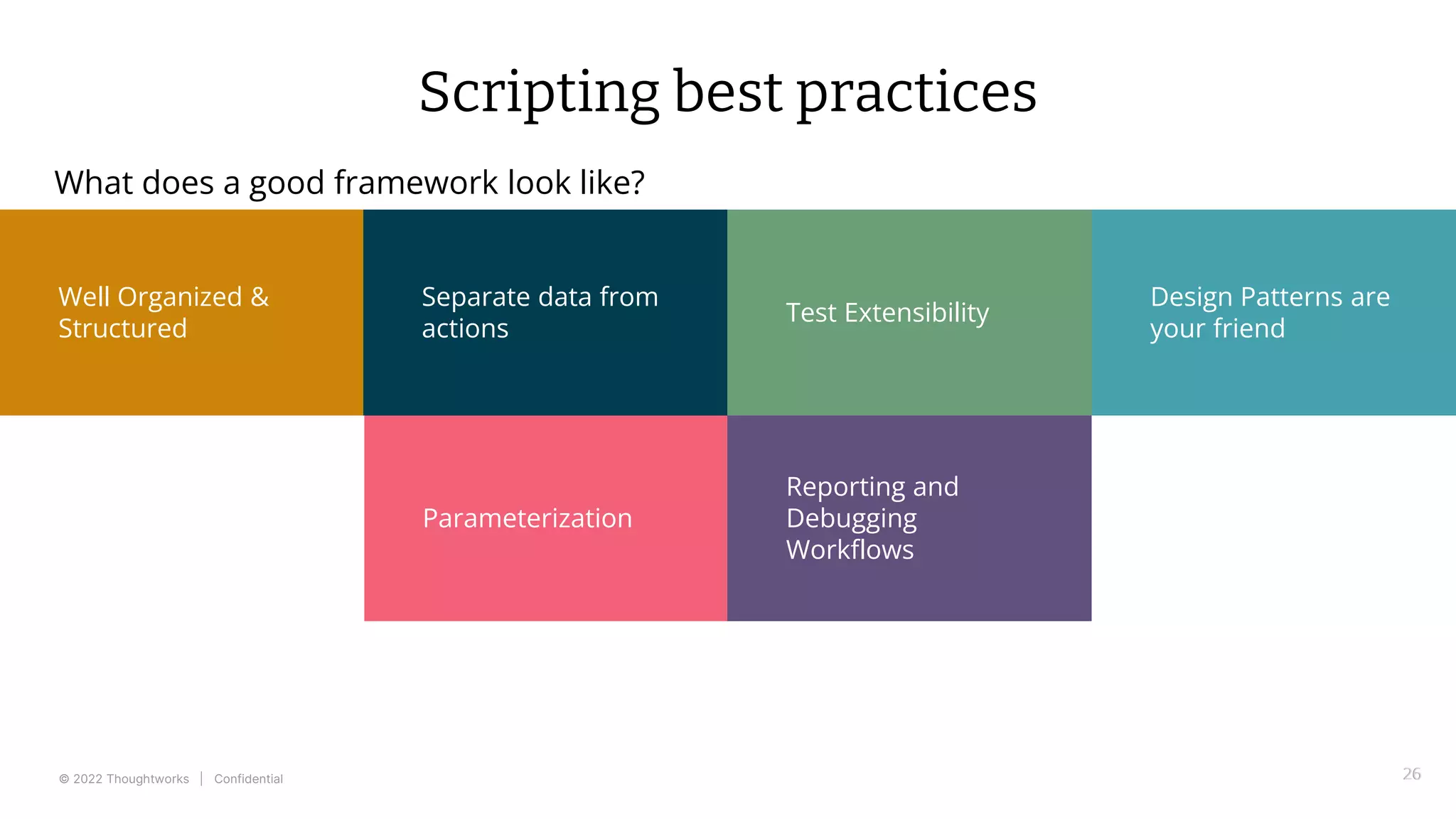 © 2022 Thoughtworks | Confidential 26
Scripting best practices
What does a good framework look like?
26
Well Organized &
Structured
Separate data from
actions
Test Extensibility
Design Patterns are
your friend
Parameterization
Reporting and
Debugging
Workflows
 