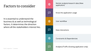 © 2022 Thoughtworks | Confidential
Market analysis/research data (New
application)
Factors to consider
It is essential to understand the
business & as well as technological
factors. It determines the direction
where all the stakeholders interest lies.
11
Know the application usage
User workflow
Data interactions
Constraints & Dependencies
Analytics/Traffic (Existing application only)
 