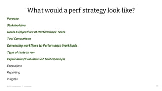 © 2022 Thoughtworks | Confidential 25
What would a perf strategy look like?
Purpose
Stakeholders
Goals & Objectives of Performance Tests
Tool Comparison
Converting workflows to Performance Workloads
Type of tests to run
Explanation/Evaluation of Tool Choice(s)
Executions
Reporting
Insights
 