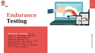 08
Endurance
Testing
Quality
Professionals
Endurance Testing is a
type of Software Testing
that is performed to
observe whether an
application can resist the
processing load it is
expected to have to endure
for a long period.
 