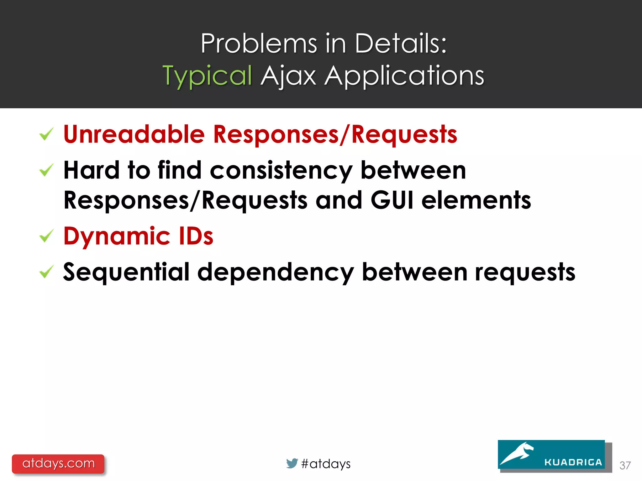 Problems in Details:
             Typical Ajax Applications

     Unreadable Responses/Requests
     Hard to find consistency between
     Responses/Requests and GUI elements
     Dynamic IDs
     Sequential dependency between requests




atdays.com             #atdays                37
 