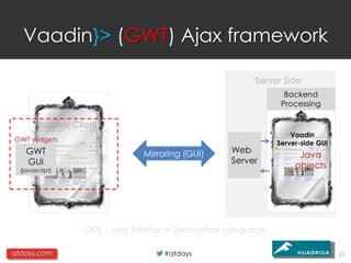 Vaadin}> (GWT) Ajax framework

                                                          Server Side
                                                                  Backend
                                                                 Processing

        Browser Client
                                                                    Vaadin
GWT widgets
                                                                Server-side GUI
    GWT                         Mirroring (GUI)     Web
                                                                      Java
    GUI                                             Server
  (javascript)
                                                                     objects




                   UIDL - User Interface Description Language

atdays.com                           #atdays                                      21
 