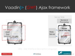Vaadin}> (GWT) Ajax framework

                                                          Server Side
                                                                  Backend
                                                                 Processing

        Browser Client
                                                                    Vaadin
GWT widgets
                                                                Server-side GUI
    GWT                                             Web
                                                                      Java
    GUI                                             Server
  (javascript)
                                                                     objects




                   UIDL - User Interface Description Language

atdays.com                           #atdays                                      22
 