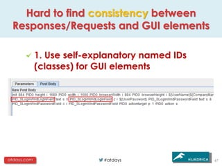 Hard to find consistency between
 Responses/Requests and GUI elements

             1. Use self-explanatory named IDs
             (classes) for GUI elements




atdays.com                  #atdays              47
 