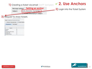 1) Creating a ticket via email (SMTP Sampler)      2. Use Anchors
                                                       2) Login into the Ticket System

3) Request to show tickets




 atdays.com                              #atdays                                         53
 