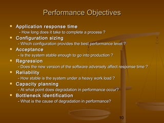 10
Performance ObjectivesPerformance Objectives
 Application response timeApplication response time
- How long does it take to complete a process ?- How long does it take to complete a process ?
 Configuration sizingConfiguration sizing
- Which configuration provides the best performance level ?- Which configuration provides the best performance level ?
 AcceptanceAcceptance
- Is the system stable enough to go into production ?- Is the system stable enough to go into production ?
 RegressionRegression
- Does the new version of the software adversely affect response time ?- Does the new version of the software adversely affect response time ?
 ReliabilityReliability
- How stable is the system under a heavy work load ?- How stable is the system under a heavy work load ?
 Capacity planningCapacity planning
- At what point does degradation in performance occur?- At what point does degradation in performance occur?
 Bottleneck identificationBottleneck identification
- What is the cause of degradation in performance?- What is the cause of degradation in performance?
 