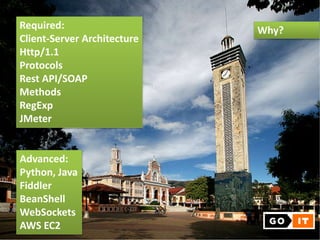 Required:
Client-Server Architecture
Http/1.1
Protocols
Rest API/SOAP
Methods
RegExp
JMeter
Advanced:
Python, Java
Fiddler
BeanShell
WebSockets
AWS EC2
Why?
 