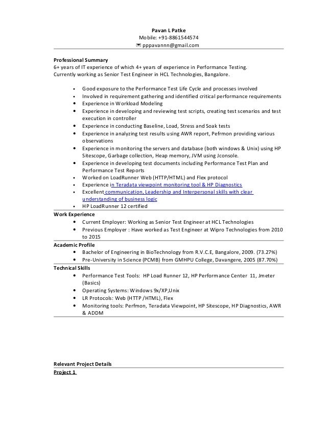 performance testing engineering cv loadrunner resume