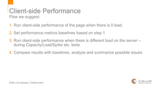31
Skills | Knowledge | Collaboration
1. Run client-side performance of the page when there is 0 load.
2. Set performance metrics baselines based on step 1
3. Run client-side performance when there is different load on the server –
during Capacity/Load/Spike etc. tests
4. Compare results with baselines, analyze and summarize possible issues
Flow we suggest:
Client-side Performance
 
