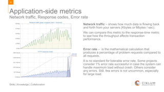 36
Skills | Knowledge | Collaboration
Network traffic, Response codes, Error rate
Application-side metrics
Network traffic – shows how much data is flowing back
and forth from your servers (Kbytes or Mbytes / sec).
We can compare this metric to the response-time metric
to see how the throughput affects transaction
performance.
Error rate – is the mathematical calculation that
produces a percentage of problem requests compared to
all requests.
It is no standard for tolerable error rate. Some projects
consider 1% error rate successful in case the system can
handle maximum load without crash. Others consider
any errors. Still, few errors is not uncommon, especially
for large load.
 