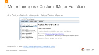 86
Skills | Knowledge | Collaboration
• Add Custom JMeter functions using JMeter Plugins Manager
JMeter functions / Custom JMeter Functions
more details is here: https://jmeter-plugins.org/wiki/Functions/
 