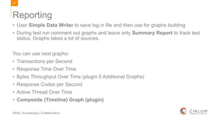 92
Skills | Knowledge | Collaboration
• User Simple Data Writer to save log in file and then use for graphs building
• During test run comment out graphs and leave only Summary Report to track test
status. Graphs takes a lot of sources.
You can use next graphs:
• Transactions per Second
• Response Time Over Time
• Bytes Throughput Over Time (plugin 5 Additional Graphs)
• Response Codes per Second
• Active Thread Over Time
• Composite (Timeline) Graph (plugin)
Reporting
 