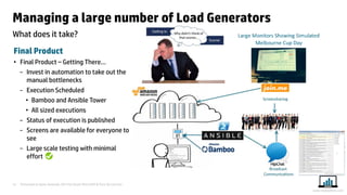 Presented at Iqnite Australia 2014 by Stuart Moncrieff & Chris De Lorenzo 
14 
www.myloadtest.com 
Managing a large number of Load Generators 
What does it take? 
Final Product 
•Final Product – Getting There… 
−Invest in automation to take out the manual bottlenecks 
−Execution Scheduled 
•Bamboo and Ansible Tower 
•All sized executions 
−Status of execution is published 
−Screens are available for everyone to see 
−Large scale testing with minimal effort 
 