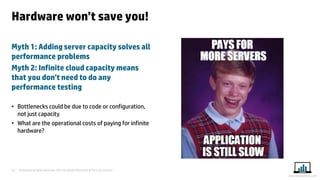 Presented at Iqnite Australia 2014 by Stuart Moncrieff & Chris De Lorenzo 
18 
www.myloadtest.com 
Hardware won’t save you! 
Myth 1: Adding server capacity solves all performance problems 
Myth 2: Infinite cloud capacity means that you don’t need to do any performance testing 
•Bottlenecks could be due to code or configuration, not just capacity 
•What are the operational costs of paying for infinite hardware?  