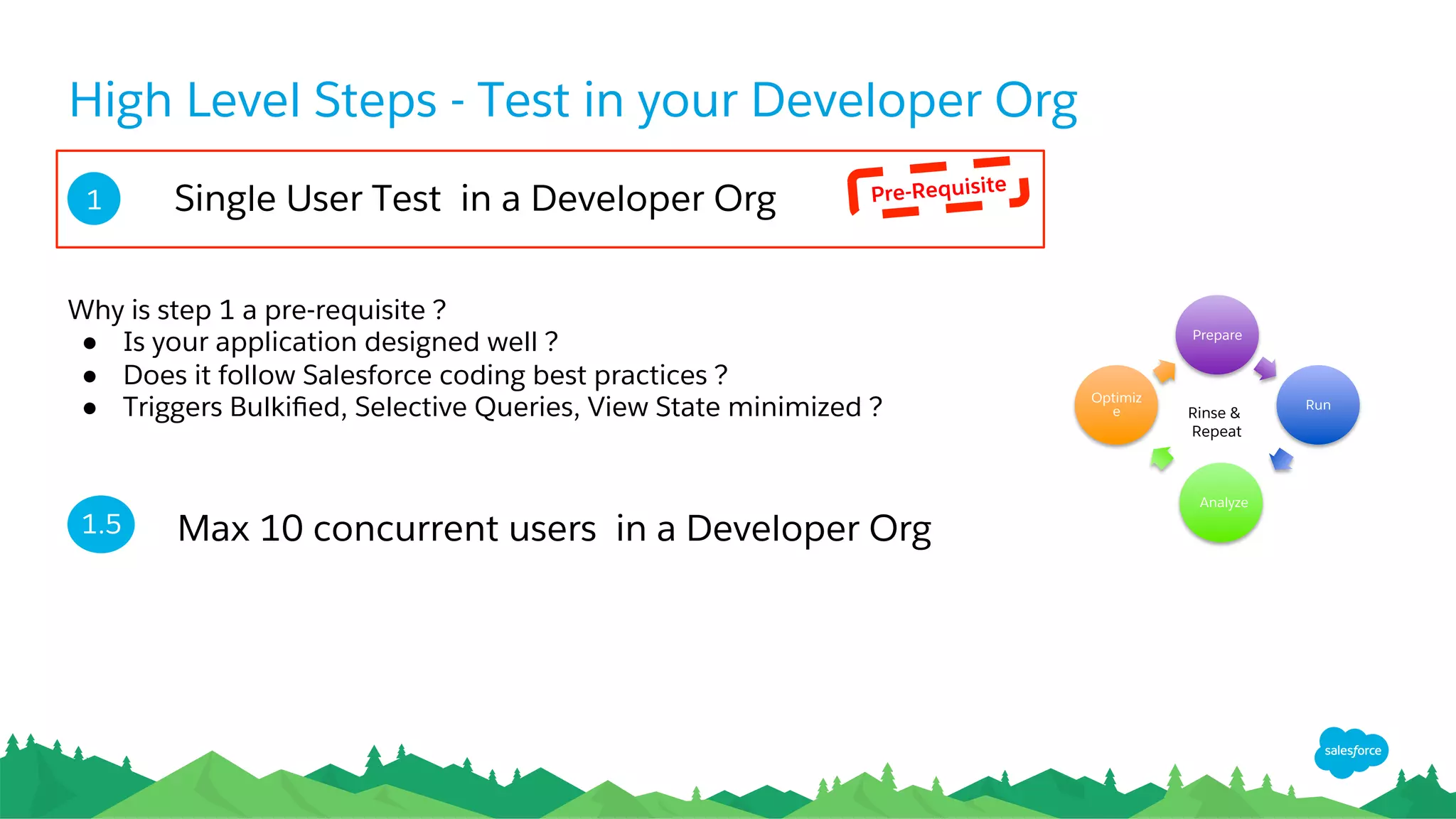 High Level Steps - Test in your Developer Org
1 Single User Test in a Developer Org Pre-Requisite
Why is step 1 a pre-requisite ?
●  Is your application designed well ?
●  Does it follow Salesforce coding best practices ?
●  Triggers Bulkiﬁed, Selective Queries, View State minimized ?
Max 10 concurrent users in a Developer Org
Prepare
2
12
 