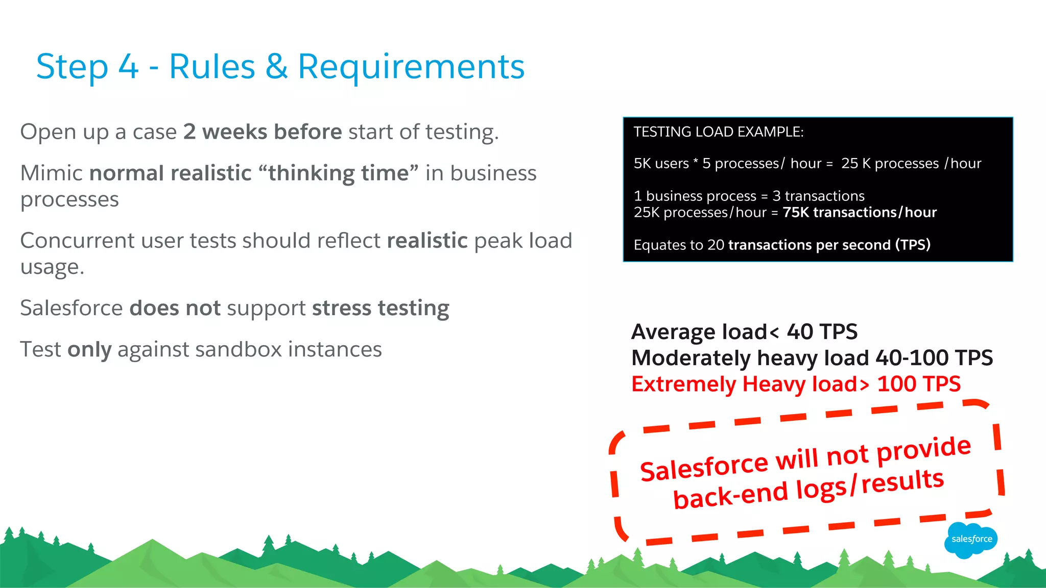 •  Open up a case 2 weeks before start of testing
•  Mimic normal realistic “thinking time”
•  Concurrent user test loads should be realistic
•  Salesforce does not support stress testing
•  Test only against sandbox instances
TESTING LOAD EXAMPLE:
5K users * 5 processes/ hour =  25 K processes /hour
1 business process = 3 transactions
25K processes/hour = 75K transactions/hour
Equates to 20 transactions per second (TPS)
Average load< 40 TPS
Moderately heavy load 40-100 TPS
Extremely Heavy load> 100 TPS
Salesforce will not provide back-end logs or results
Step 4 - Rules & Requirements
14
 