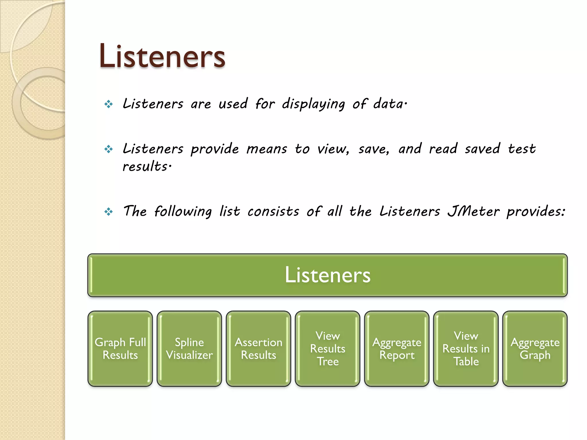 Listeners
 Listeners are used for displaying of data.
 Listeners provide means to view, save, and read saved test
results.
 The following list consists of all the Listeners JMeter provides:
Listeners
Graph Full
Results
Spline
Visualizer
Assertion
Results
View
Results
Tree
Aggregate
Report
View
Results in
Table
Aggregate
Graph
 