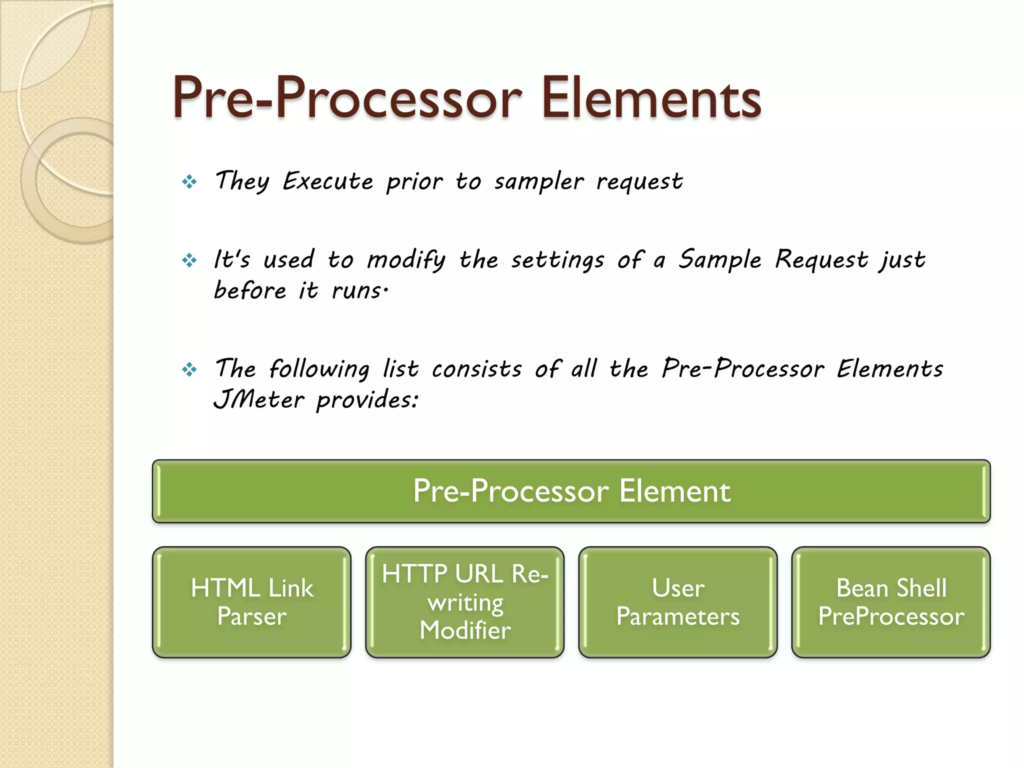 Pre-Processor Elements
 They Execute prior to sampler request
 It's used to modify the settings of a Sample Request just
before it runs.
 The following list consists of all the Pre-Processor Elements
JMeter provides:
Pre-Processor Element
HTML Link
Parser
HTTP URL Re-
writing
Modifier
User
Parameters
Bean Shell
PreProcessor
 
