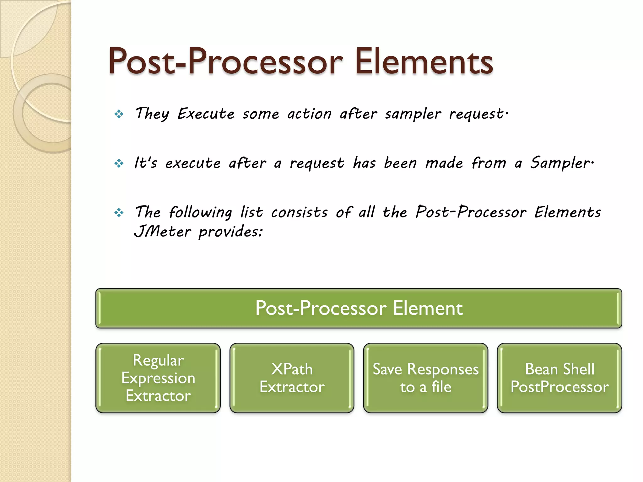 Post-Processor Elements
 They Execute some action after sampler request.
 It's execute after a request has been made from a Sampler.
 The following list consists of all the Post-Processor Elements
JMeter provides:
Post-Processor Element
Regular
Expression
Extractor
XPath
Extractor
Save Responses
to a file
Bean Shell
PostProcessor
 