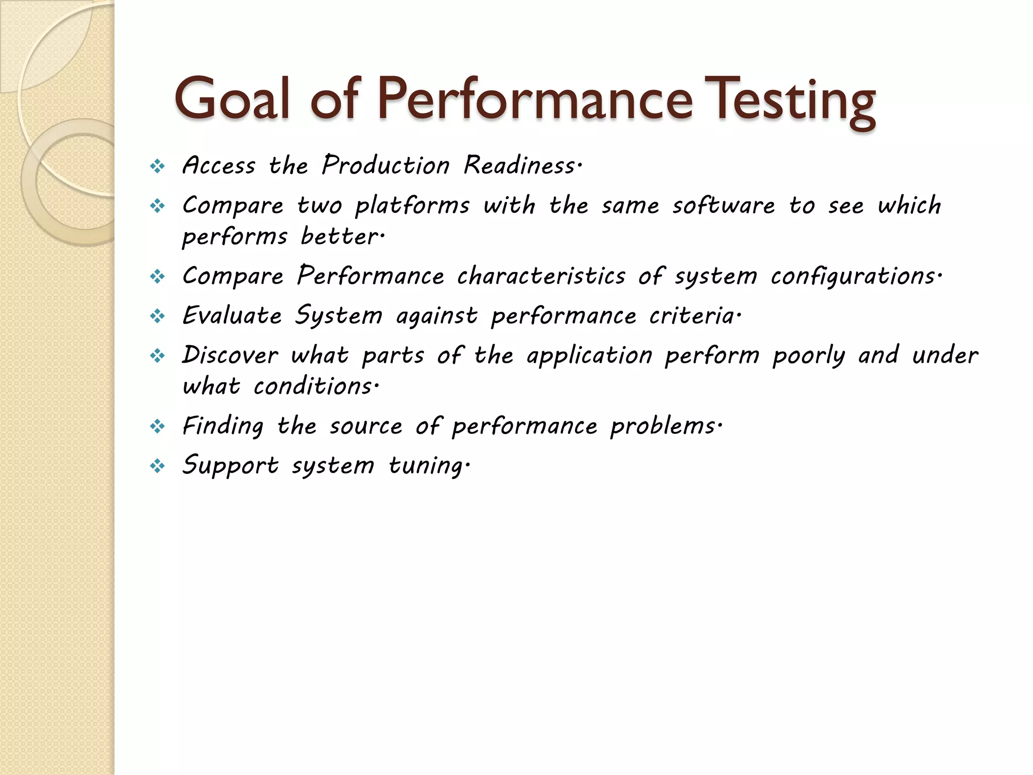 Goal of Performance Testing
 Access the Production Readiness.
 Compare two platforms with the same software to see which
performs better.
 Compare Performance characteristics of system configurations.
 Evaluate System against performance criteria.
 Discover what parts of the application perform poorly and under
what conditions.
 Finding the source of performance problems.
 Support system tuning.
 