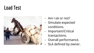 Load Test
- Am I ok or not?
- Simulate expected
conditions.
- Important/Critical
transactions.
- Overall performance.
- SLA defined by owner.
 