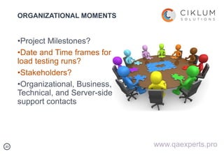 2323
ORGANIZATIONAL MOMENTS
www.qaexperts.pro
•Project Milestones?
•Date and Time frames for
load testing runs?
•Stakehold...
