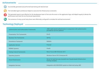 Successfully generated and performed load testing with desired load
The Controller-Agent architecture helped to overcome the infrastructure constraints
The generated reports were effective for the development team to fine tune the server or the application logic and helped majorly to elevate the
performance and meet the non-functional requirements
The scenarios of ramp up and ramp down were effectively configured to simulate the real load environment




Technology Deployed
Achievements
Authentication and Authorization Frameworks JDBC realm based authentication in conjunction with authentication
provided by Savvion platform
Presentation Tier Frameworks ExtJS
Business Tier Frameworks Spring
Persistence Framework MyBatis
Application Servers Pramati
RDBMS Systems Oracle
Testing Tools & Frameworks Micro Focus Silk Performer 2011
Operating Systems Windows Server 2012 Enterprise R2
Cloud Infrastructure
Server for load test was mounted over Canada based infrastructure
hosting company
Integration Services Integration with ISIS/EDDO system at client end using JMS
 