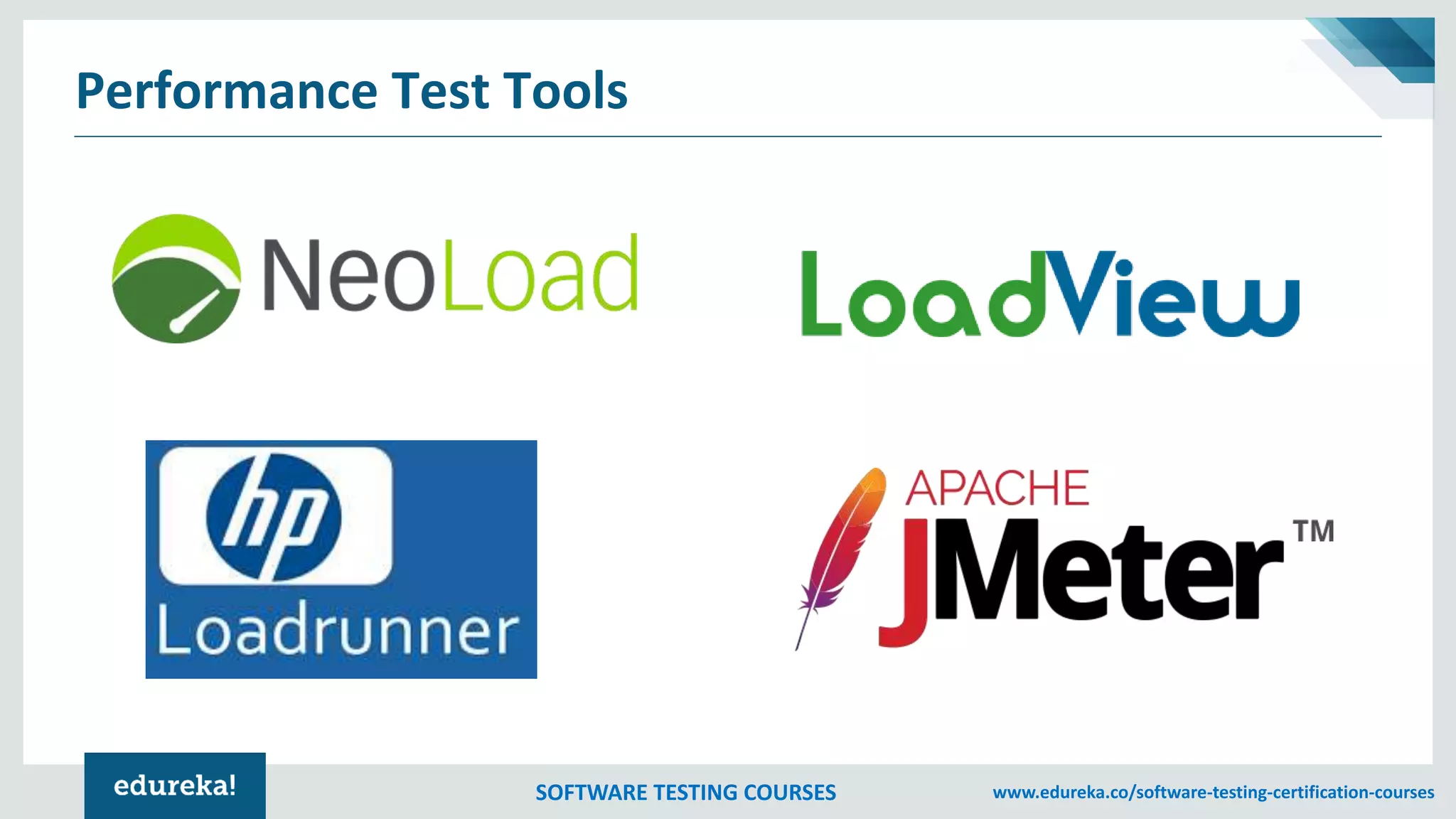 SOFTWARE TESTING COURSES www.edureka.co/software-testing-certification-courses
Performance Test Tools
 