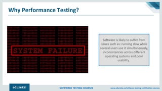SOFTWARE TESTING COURSES www.edureka.co/software-testing-certification-courses
Why Performance Testing?
Software is likely to suffer from
issues such as: running slow while
several users use it simultaneously,
inconsistencies across different
operating systems and poor
usability.
 