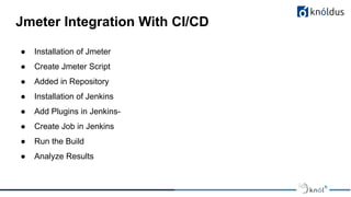 Jmeter Integration With CI/CD
● Installation of Jmeter
● Create Jmeter Script
● Added in Repository
● Installation of Jenkins
● Add Plugins in Jenkins-
● Create Job in Jenkins
● Run the Build
● Analyze Results
 