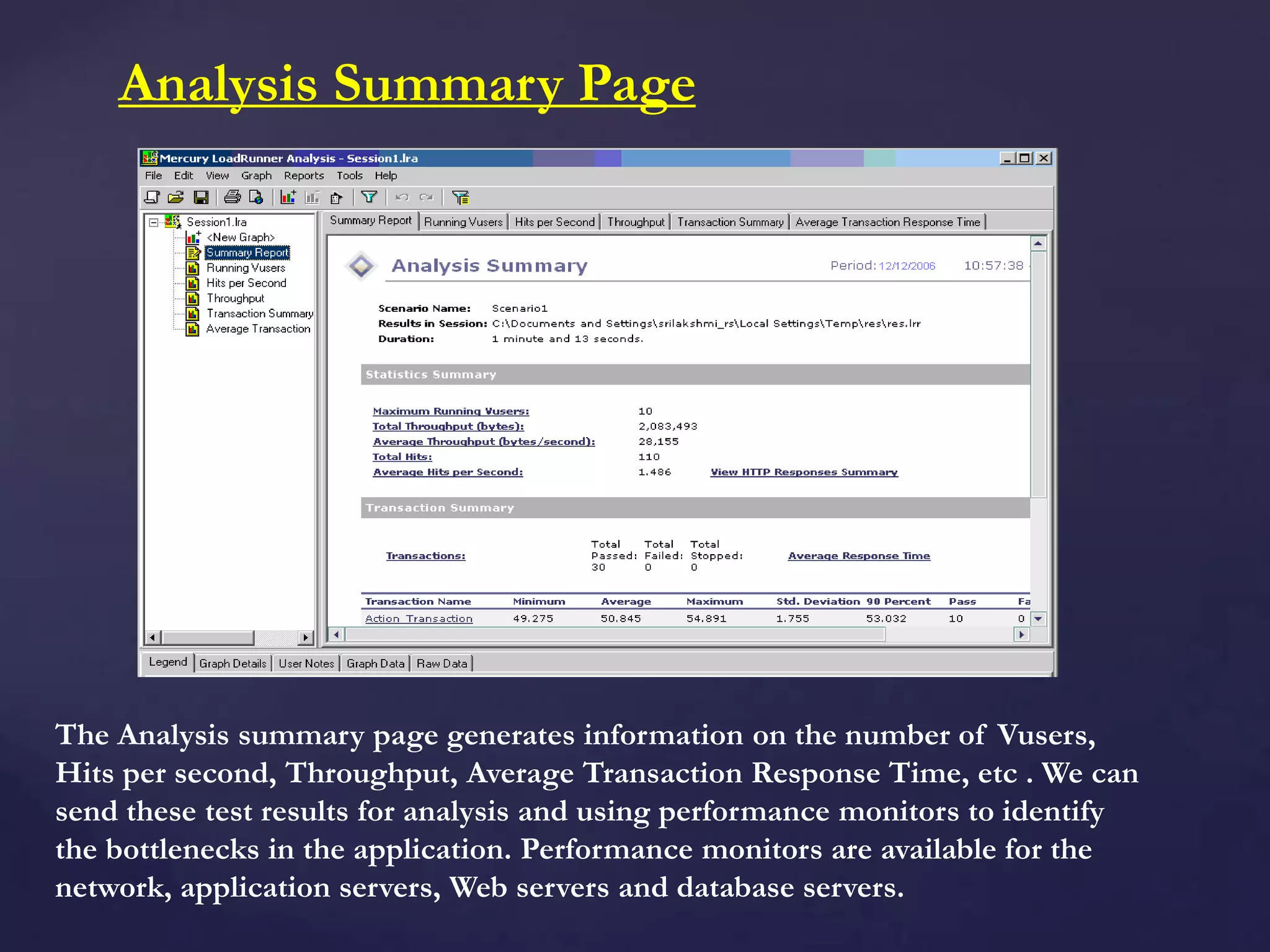 Analysis Summary Page
The Analysis summary page generates information on the number of Vusers,
Hits per second, Throughput, Average Transaction Response Time, etc . We can
send these test results for analysis and using performance monitors to identify
the bottlenecks in the application. Performance monitors are available for the
network, application servers, Web servers and database servers.
 