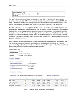 14 | P a g e 
Consolidate sale data 
25 
2 
Enter quantity of sold on-line products 
400 
2 
The table indicates that business users request every hour 100*5 = 500 financial reports, launch consolidation of sales data 25*2 = 50 times, and enter a quantity of sold on-line products 400*2 = 800 times. Let’s assume that the table specifies a real production workload; appropriately sized and tuned for this workload application will be able to process it according to a service level agreement. 
But what will happen if we are using for application tuning a load testing framework that generates a workload with downward or upward deviations from the numerical values in the table? In this case our load test does not generate production workload, and under such a skewed workload application will have either idle or insufficient capacity. Tuning application for a skewed workload is technically doable, but because such workload never happens in real life, our tuning efforts are not just useless, they are misleading, they degrade quality of service and might lead to unnecessary expenses if we recommend to purchase additional hardware. 
While executing performance tuning and capacity planning projects, we have to be well aware of how representative are our manufactured workloads of the real production workloads. Let’s consider presented on Figure 2 results of a load test conducted using LoadRunner, and find out how a workload, generated by this test, associates with a production workload. 
Figure 2 Load test results as reported by LoadRunner  