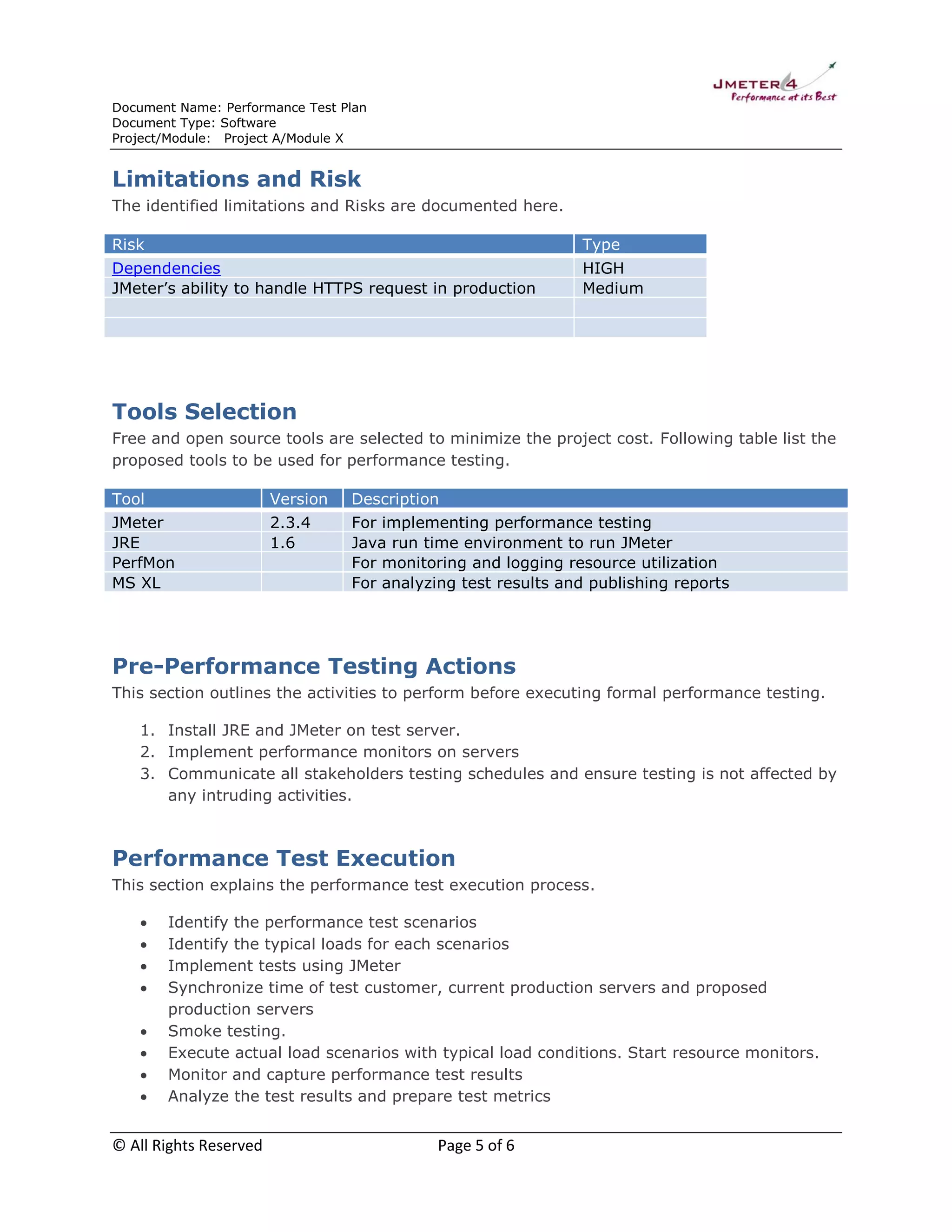 Document Name: Performance Test Plan
Document Type: Software
Project/Module: Project A/Module X

Limitations and Risk
The identified limitations and Risks are documented here.
Risk

Type

Dependencies
JMeter’s ability to handle HTTPS request in production

HIGH
Medium

Tools Selection
Free and open source tools are selected to minimize the project cost. Following table list the
proposed tools to be used for performance testing.
Tool

Version

Description

JMeter
JRE
PerfMon
MS XL

2.3.4
1.6

For implementing performance testing
Java run time environment to run JMeter
For monitoring and logging resource utilization
For analyzing test results and publishing reports

Pre-Performance Testing Actions
This section outlines the activities to perform before executing formal performance testing.
1. Install JRE and JMeter on test server.
2. Implement performance monitors on servers
3. Communicate all stakeholders testing schedules and ensure testing is not affected by
any intruding activities.

Performance Test Execution
This section explains the performance test execution process.









Identify the performance test scenarios
Identify the typical loads for each scenarios
Implement tests using JMeter
Synchronize time of test customer, current production servers and proposed
production servers
Smoke testing.
Execute actual load scenarios with typical load conditions. Start resource monitors.
Monitor and capture performance test results
Analyze the test results and prepare test metrics

© All Rights Reserved

Page 5 of 6

 