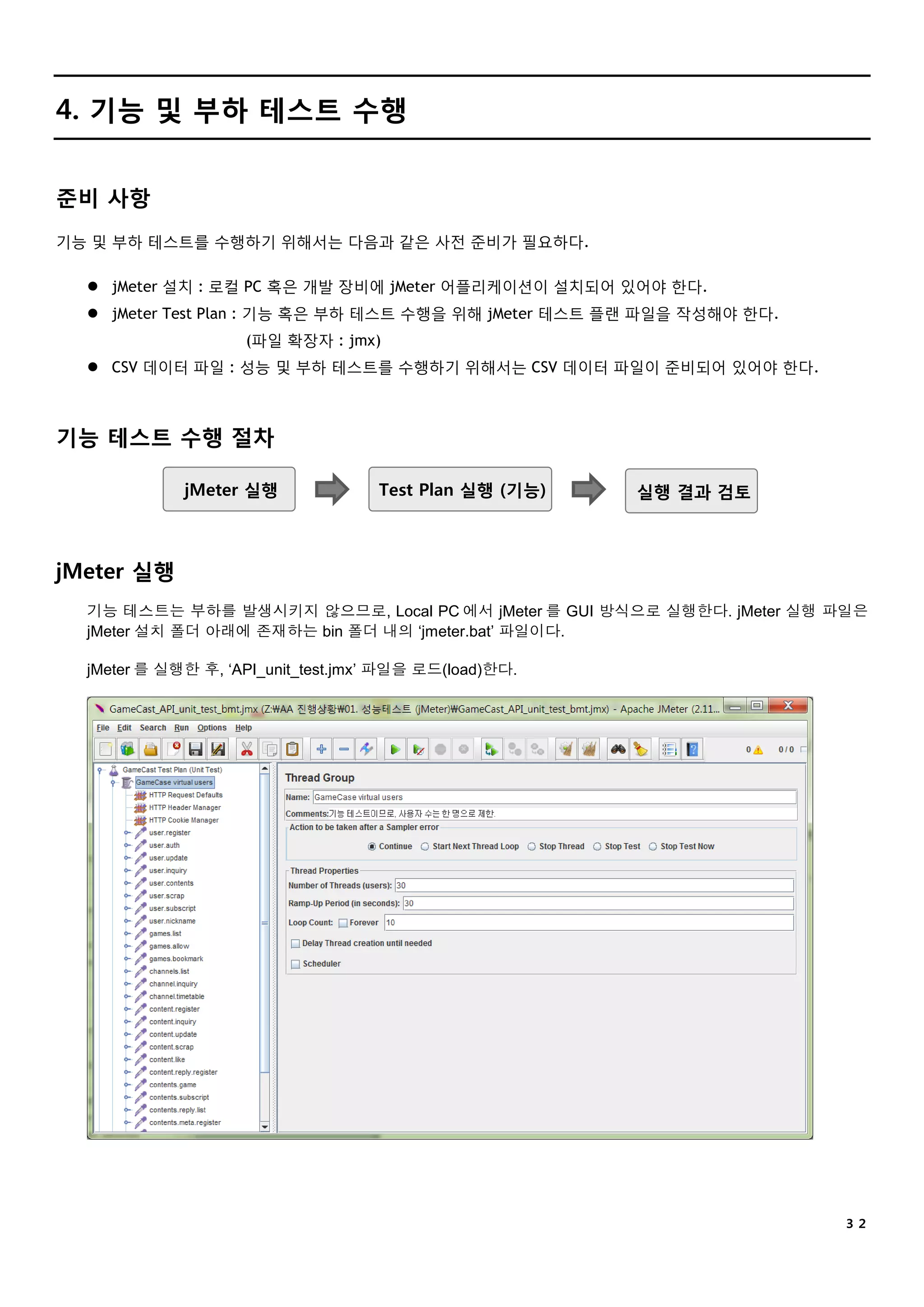 ３２
4. 기능 및 부하 테스트 수행
준비 사항
기능 및 부하 테스트를 수행하기 위해서는 다음과 같은 사전 준비가 필요하다.
 jMeter 설치 : 로컬 PC 혹은 개발 장비에 jMeter 어플리케이션이 설치되어 있어야 한다.
 jMeter Test Plan : 기능 혹은 부하 테스트 수행을 위해 jMeter 테스트 플랜 파일을 작성해야 한다.
(파일 확장자 : jmx)
 CSV 데이터 파일 : 성능 및 부하 테스트를 수행하기 위해서는 CSV 데이터 파일이 준비되어 있어야 한다.
기능 테스트 수행 절차
jMeter 실행 Test Plan 실행 (기능) 실행 결과 검토
jMeter 실행
기능 테스트는 부하를 발생시키지 않으므로, Local PC 에서 jMeter 를 GUI 방식으로 실행한다. jMeter 실행 파일은
jMeter 설치 폴더 아래에 존재하는 bin 폴더 내의 ‘jmeter.bat’ 파일이다.
jMeter 를 실행한 후, ‘API_unit_test.jmx’ 파일을 로드(load)한다.
 